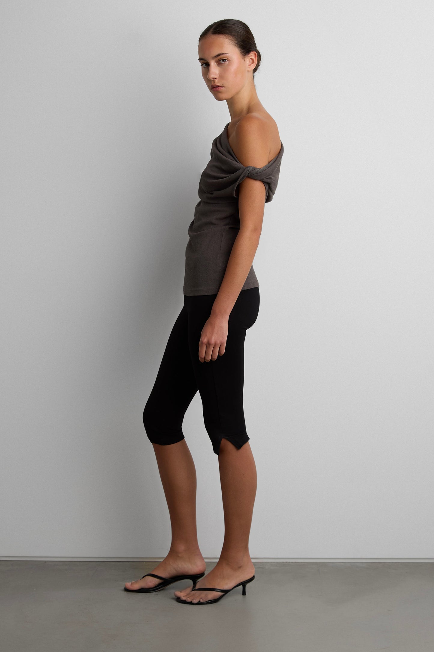 ASYMMETRICAL SHIRRED OFF-SHOULDER TOP