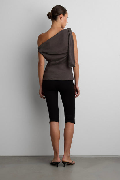 ASYMMETRICAL SHIRRED OFF-SHOULDER TOP