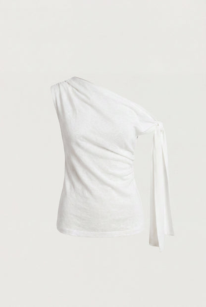 ASYMMETRICAL SHIRRED OFF-SHOULDER TOP