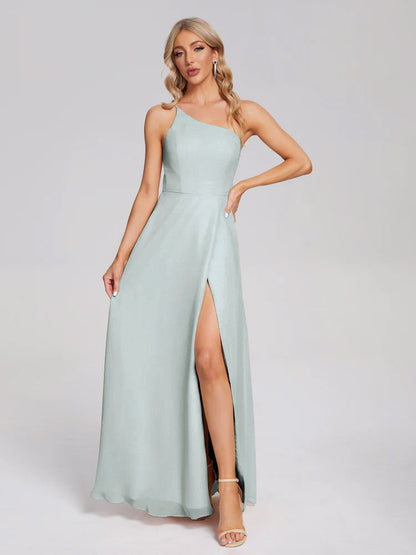 One Shoulder Side Slit Chiffon Bridesmaid Dress