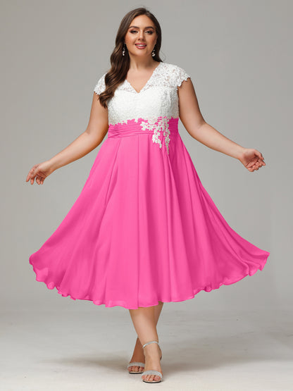 Tea-length Cap Sleeves Chiffon Bridesmaid Dress Plus Size