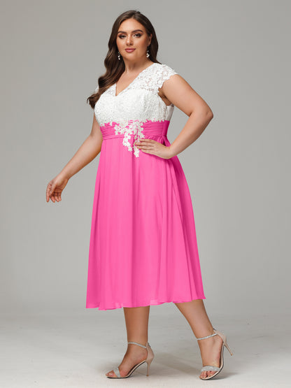 Tea-length Cap Sleeves Chiffon Bridesmaid Dress Plus Size