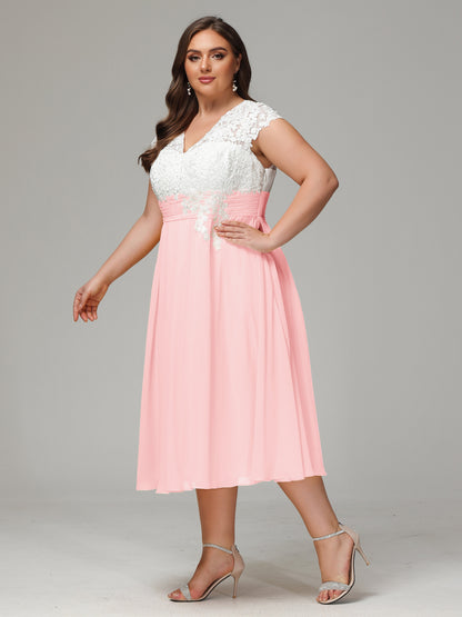 Tea-length Cap Sleeves Chiffon Bridesmaid Dress Plus Size
