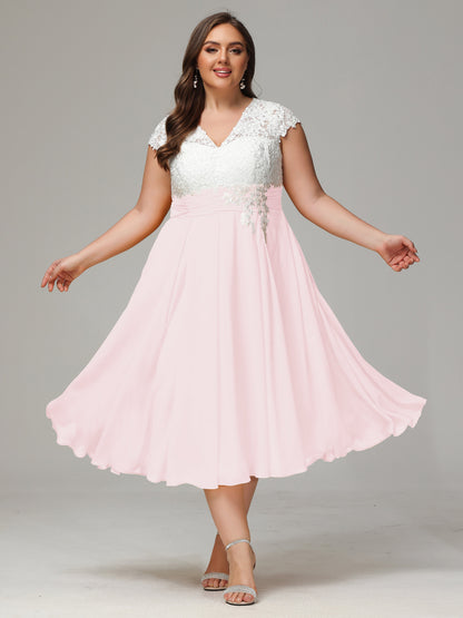 Tea-length Cap Sleeves Chiffon Bridesmaid Dress Plus Size