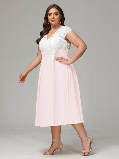 Tea-length Cap Sleeves Chiffon Bridesmaid Dress Plus Size