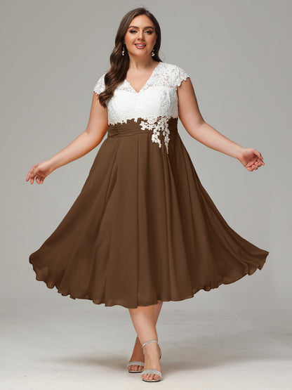 Tea-length Cap Sleeves Chiffon Bridesmaid Dress Plus Size