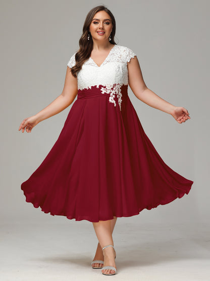 Tea-length Cap Sleeves Chiffon Bridesmaid Dress Plus Size