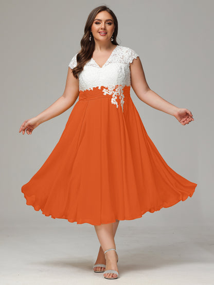 Tea-length Cap Sleeves Chiffon Bridesmaid Dress Plus Size