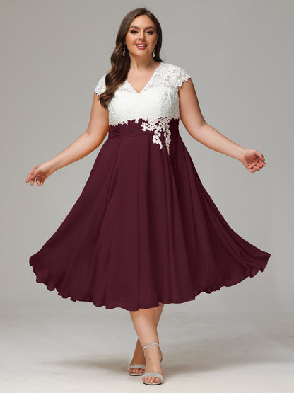 Tea-length Cap Sleeves Chiffon Bridesmaid Dress Plus Size