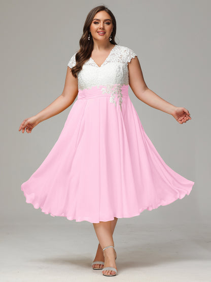 Tea-length Cap Sleeves Chiffon Bridesmaid Dress Plus Size