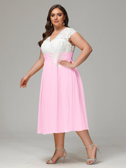 Tea-length Cap Sleeves Chiffon Bridesmaid Dress Plus Size