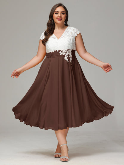 Tea-length Cap Sleeves Chiffon Bridesmaid Dress Plus Size