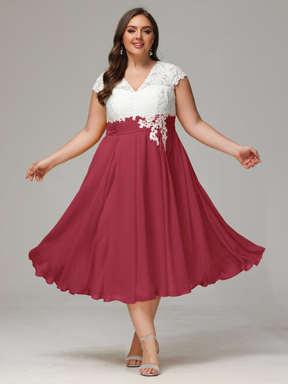 Tea-length Cap Sleeves Chiffon Bridesmaid Dress Plus Size