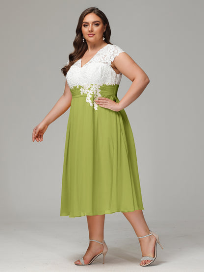 Tea-length Cap Sleeves Chiffon Bridesmaid Dress Plus Size
