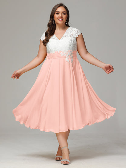 Tea-length Cap Sleeves Chiffon Bridesmaid Dress Plus Size