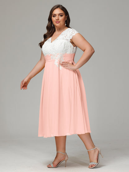 Tea-length Cap Sleeves Chiffon Bridesmaid Dress Plus Size