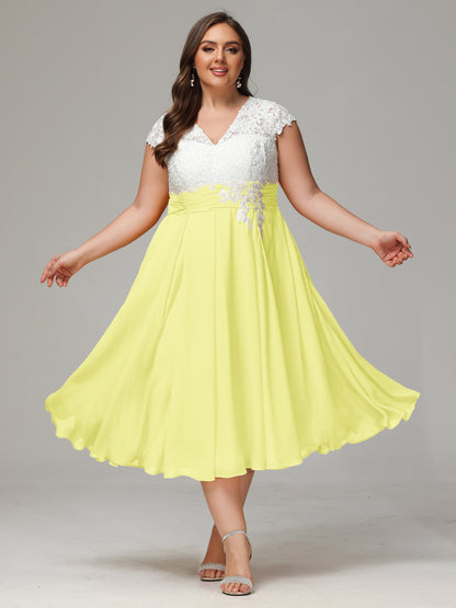 Tea-length Cap Sleeves Chiffon Bridesmaid Dress Plus Size