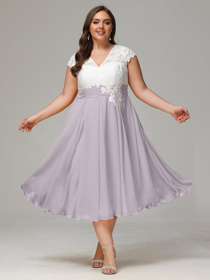 Tea-length Cap Sleeves Chiffon Bridesmaid Dress Plus Size