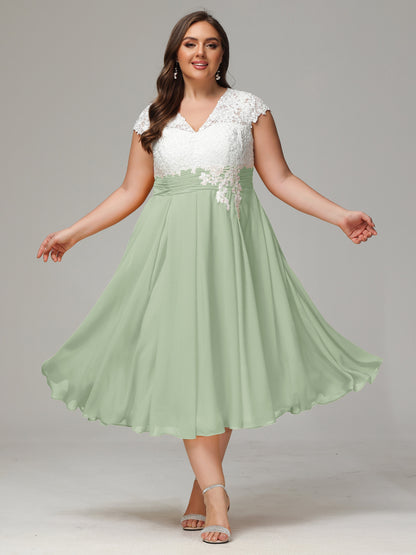 Tea-length Cap Sleeves Chiffon Bridesmaid Dress Plus Size