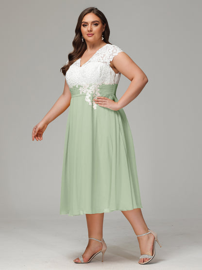 Tea-length Cap Sleeves Chiffon Bridesmaid Dress Plus Size