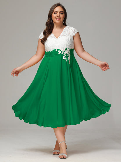 Tea-length Cap Sleeves Chiffon Bridesmaid Dress Plus Size