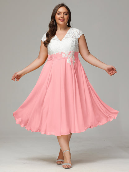 Tea-length Cap Sleeves Chiffon Bridesmaid Dress Plus Size