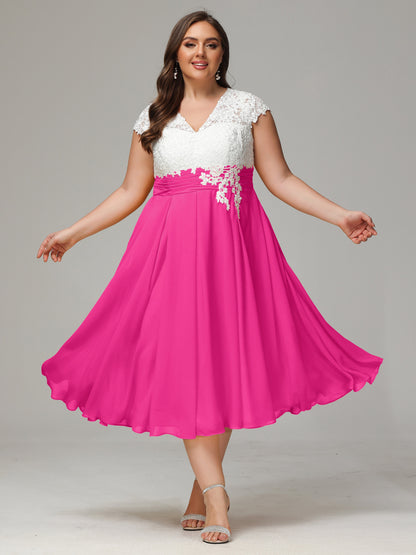 Tea-length Cap Sleeves Chiffon Bridesmaid Dress Plus Size