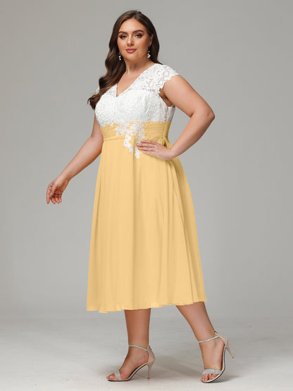 Tea-length Cap Sleeves Chiffon Bridesmaid Dress Plus Size