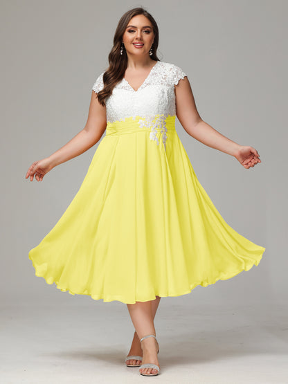 Tea-length Cap Sleeves Chiffon Bridesmaid Dress Plus Size