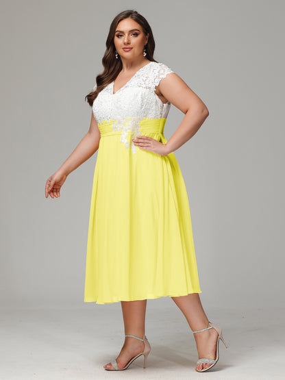 Tea-length Cap Sleeves Chiffon Bridesmaid Dress Plus Size