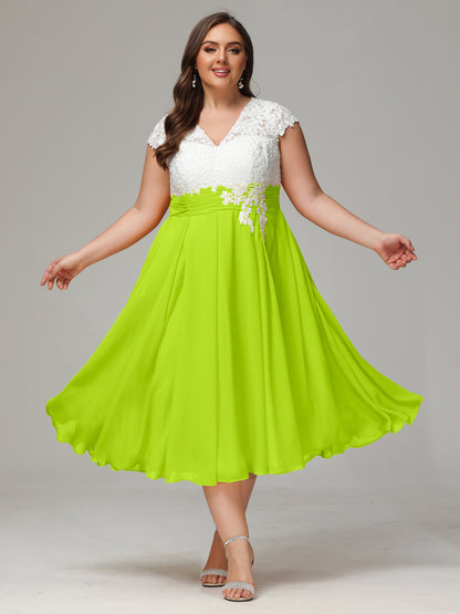 Tea-length Cap Sleeves Chiffon Bridesmaid Dress Plus Size