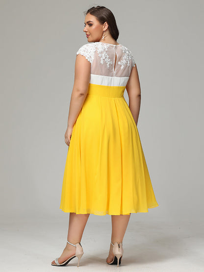 Tea-length Cap Sleeves Chiffon Bridesmaid Dress Plus Size