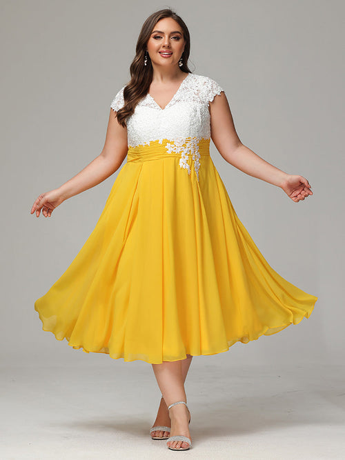 Tea-length Cap Sleeves Chiffon Bridesmaid Dress Plus Size