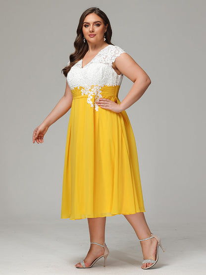 Tea-length Cap Sleeves Chiffon Bridesmaid Dress Plus Size
