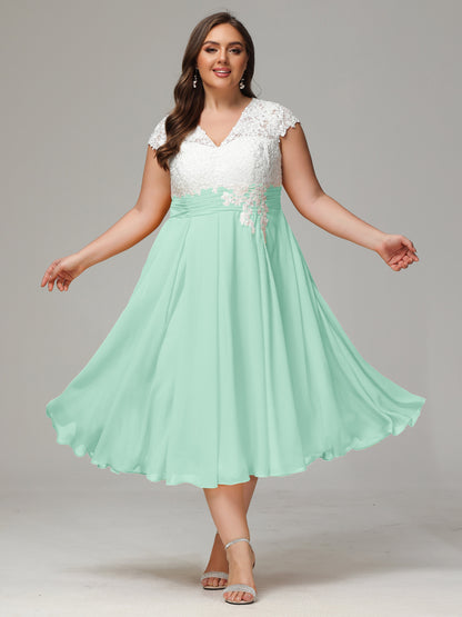 Tea-length Cap Sleeves Chiffon Bridesmaid Dress Plus Size