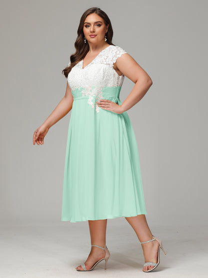 Tea-length Cap Sleeves Chiffon Bridesmaid Dress Plus Size