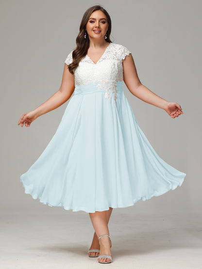 Tea-length Cap Sleeves Chiffon Bridesmaid Dress Plus Size