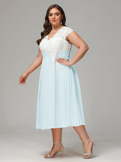 Tea-length Cap Sleeves Chiffon Bridesmaid Dress Plus Size