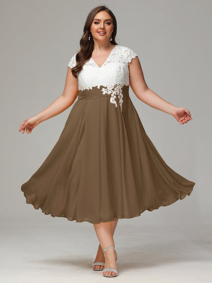 Tea-length Cap Sleeves Chiffon Bridesmaid Dress Plus Size