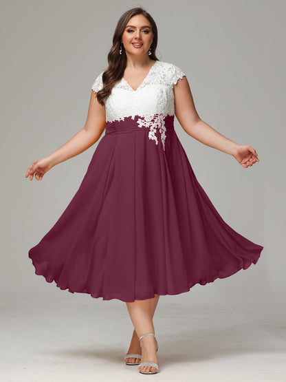 Tea-length Cap Sleeves Chiffon Bridesmaid Dress Plus Size