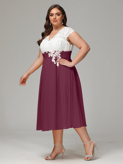 Tea-length Cap Sleeves Chiffon Bridesmaid Dress Plus Size
