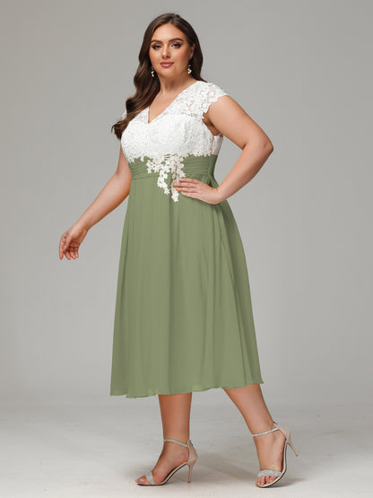 Tea-length Cap Sleeves Chiffon Bridesmaid Dress Plus Size