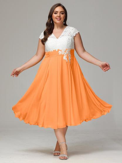 Tea-length Cap Sleeves Chiffon Bridesmaid Dress Plus Size