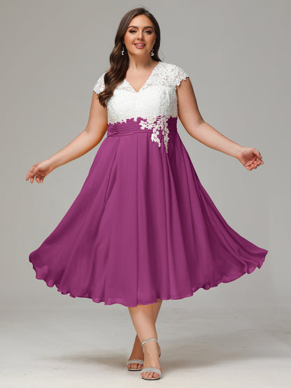 Tea-length Cap Sleeves Chiffon Bridesmaid Dress Plus Size