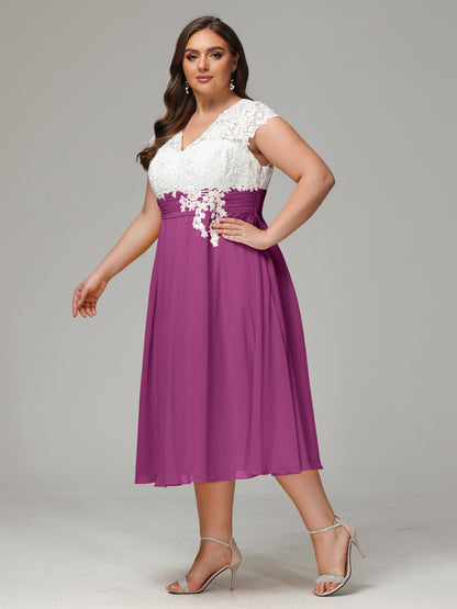 Tea-length Cap Sleeves Chiffon Bridesmaid Dress Plus Size