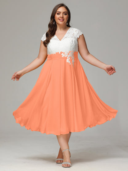 Tea-length Cap Sleeves Chiffon Bridesmaid Dress Plus Size