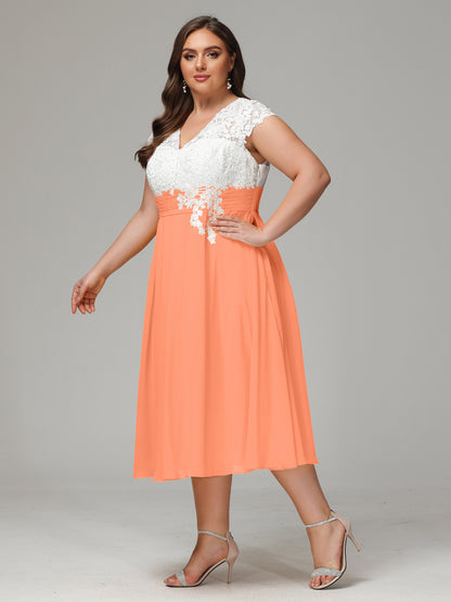 Tea-length Cap Sleeves Chiffon Bridesmaid Dress Plus Size