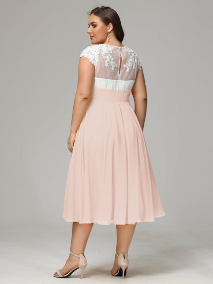 Tea-length Cap Sleeves Chiffon Bridesmaid Dress Plus Size
