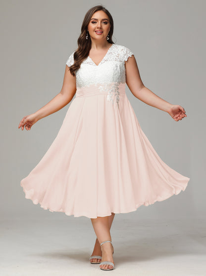 Tea-length Cap Sleeves Chiffon Bridesmaid Dress Plus Size