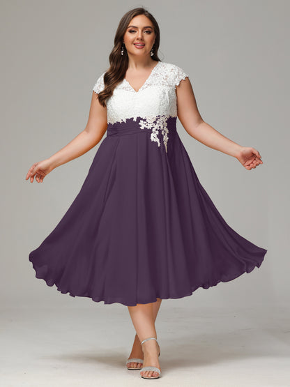 Tea-length Cap Sleeves Chiffon Bridesmaid Dress Plus Size